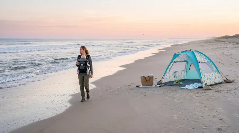A parent and baby at the beach with a technical sun shelter in the background.