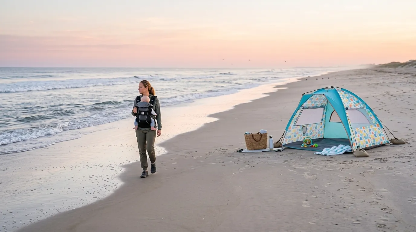 A parent and baby at the beach with a technical sun shelter in the background.