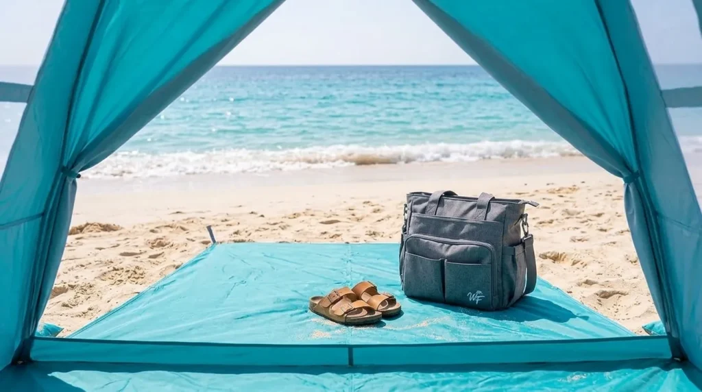 The extended front floor of a WhiteFang beach tent for babies.