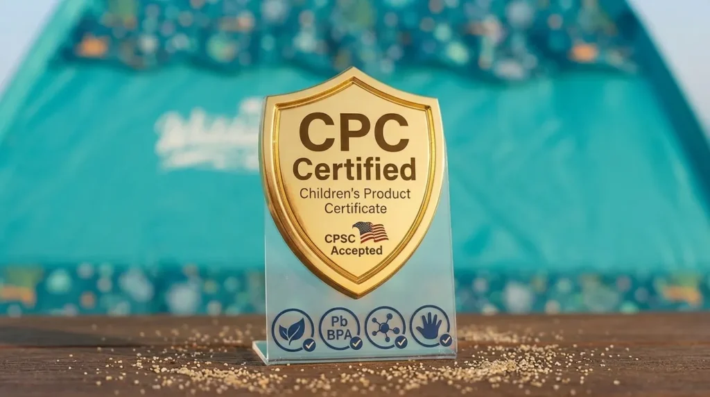The CPC certification tag on a Whitefang beach tent for babies.