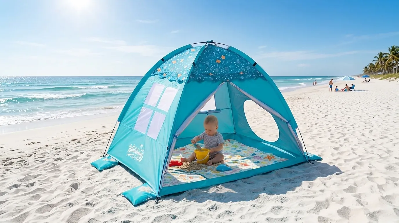 A WhiteFang beach tent for babies set up on a sunny coastline.