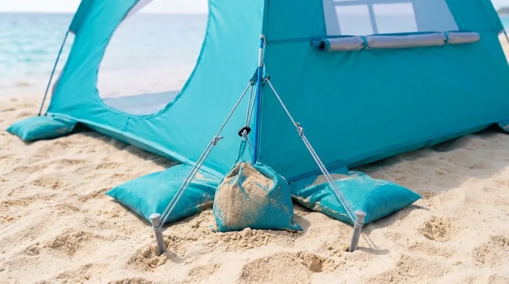 The sandbag and stake anchoring system on a WhiteFang beach tent for babies.
