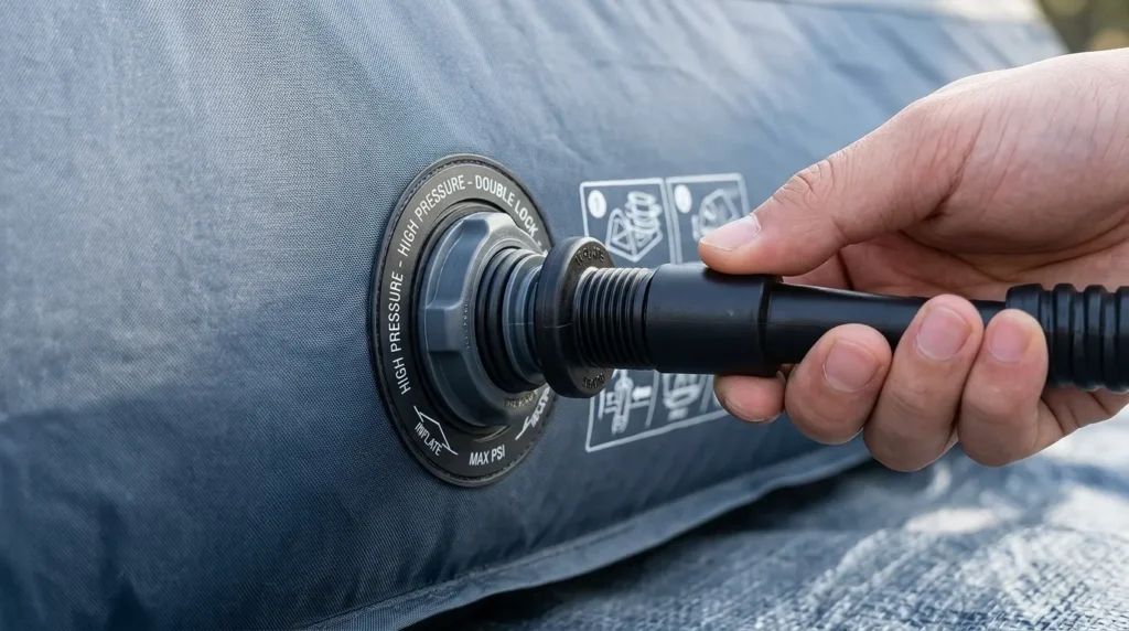 A close up view of the inflation valve on a Wildfinder 4 person inflatable tent.