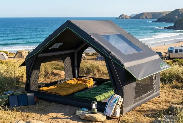 A Wildfinder 4-person inflatable tent set up on a beach during a summer trip.