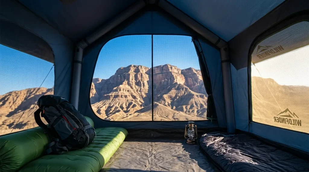 The interior panoramic view through the mesh windows of a Wildfinder 4 person inflatable tent.