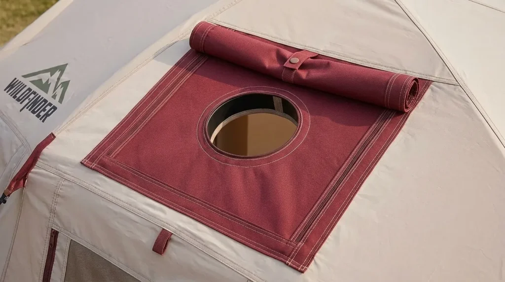 A close up view of the flame retardant Wildfinder inflatable tent with stove jack.