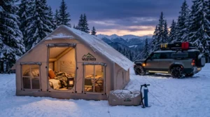 A Wildfinder inflatable tent with an active wood stove set up in a snowy forest.