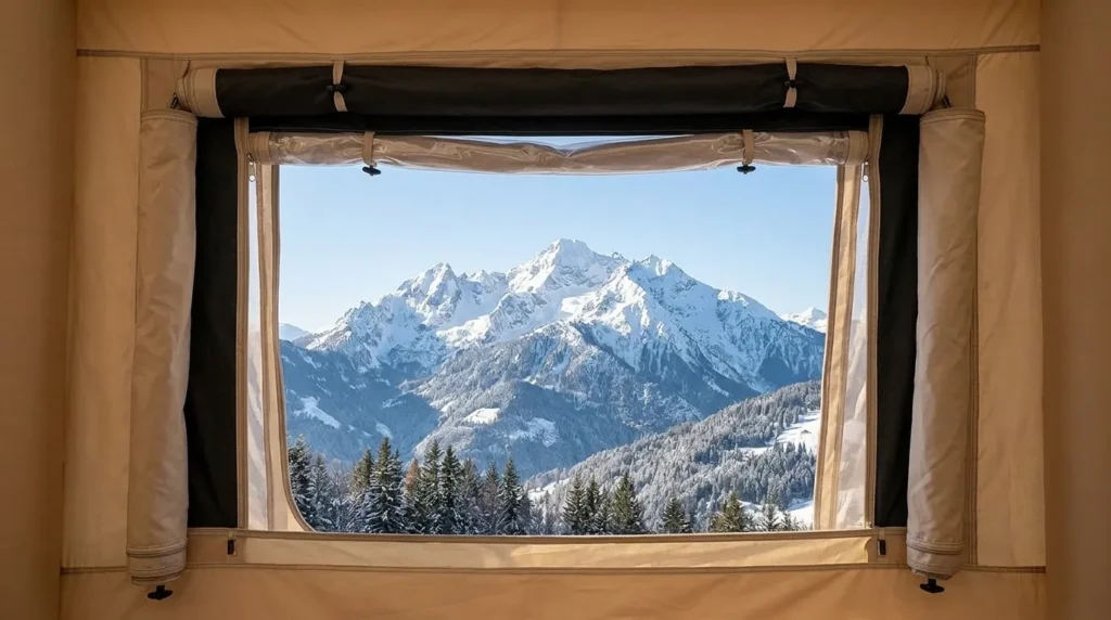 The 4-layer window system of a Wildfinder inflatable tent showing the mesh and TPU layers.