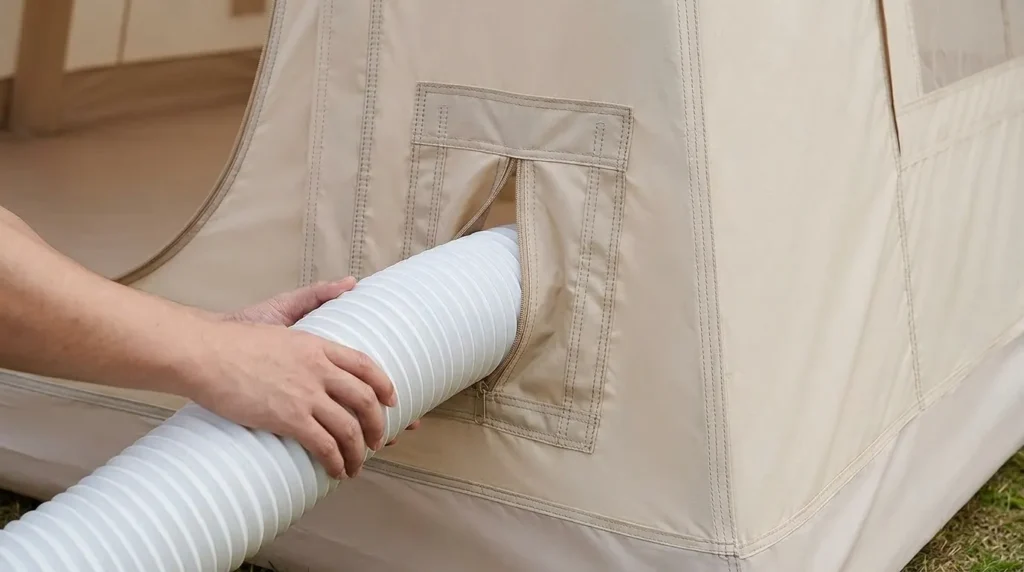 A close up view of the AC port being used on a Ytaoeo large inflatable camping tent.