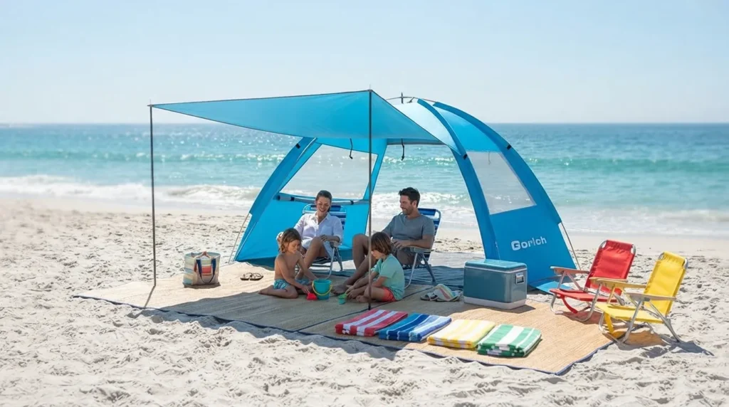 A family beach camping tent set up on sand with beach chairs and gear beside it