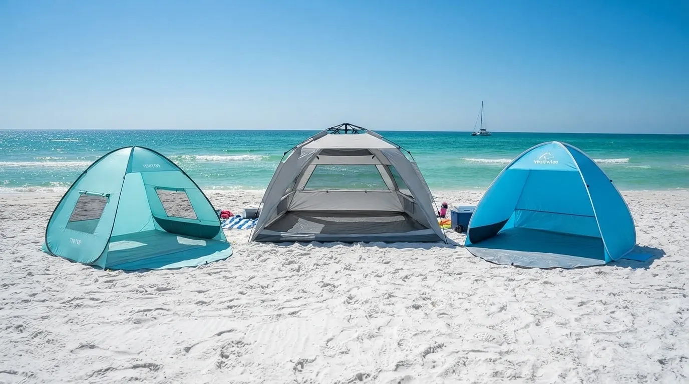 3 beach pop tent pitched on a sunny beach, becoming the ultimate buyers guide featured image