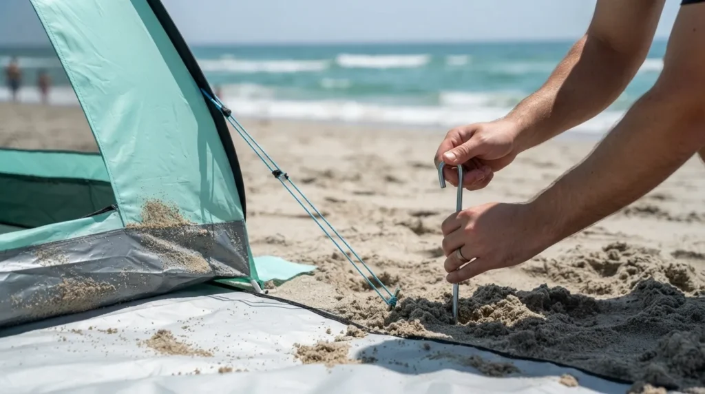 Anchoring a beach pop up tent with stakes and sandbags in the sand