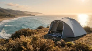 Tent camping near the bluffs overlooking a Southern California beach