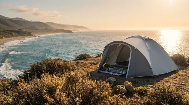 Tent camping near the bluffs overlooking a Southern California beach