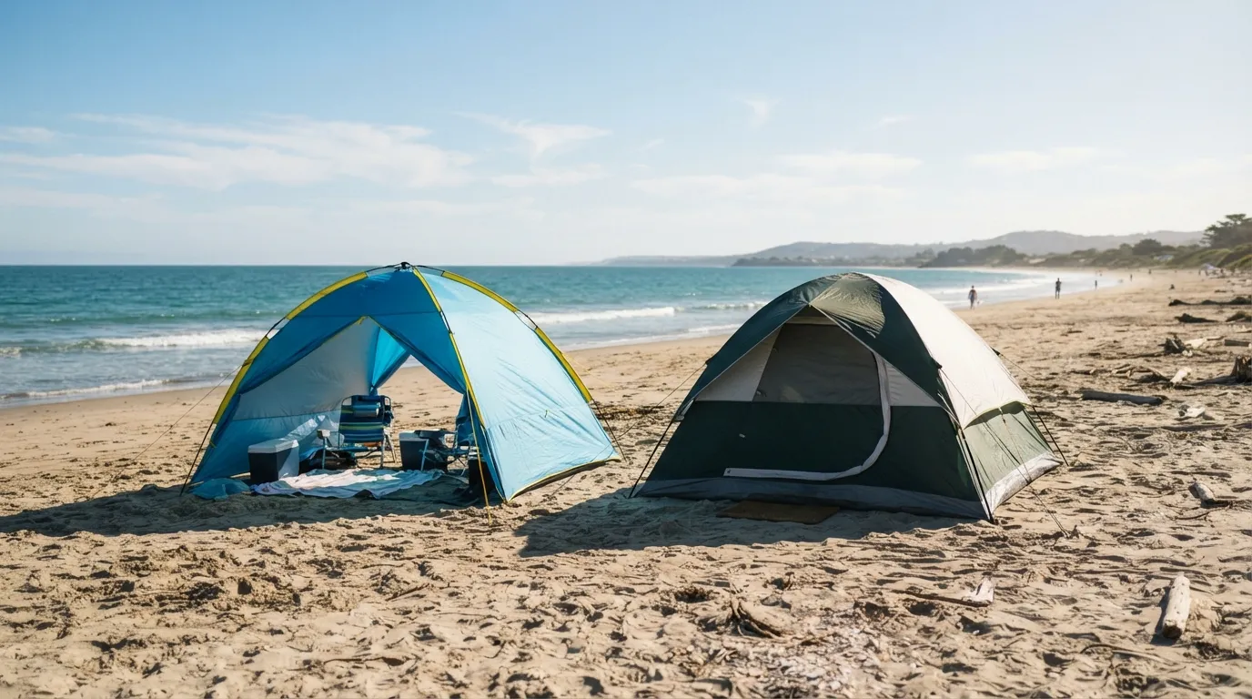 A pop up beach sun shelter and a dome camping tent set up side by side for comparison