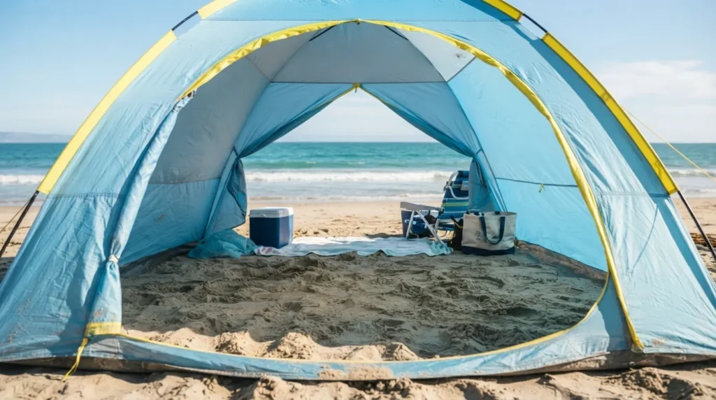 Beach Tent vs Camping Tent: The open floor design of a typical pop up beach tent