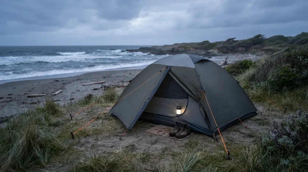 A camping tent with a full rainfly staked down at a coastal campsite