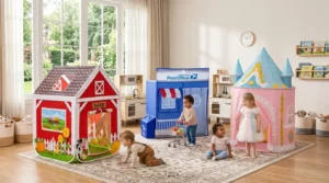 A variety of themed kids play tent set up in a professional playroom.