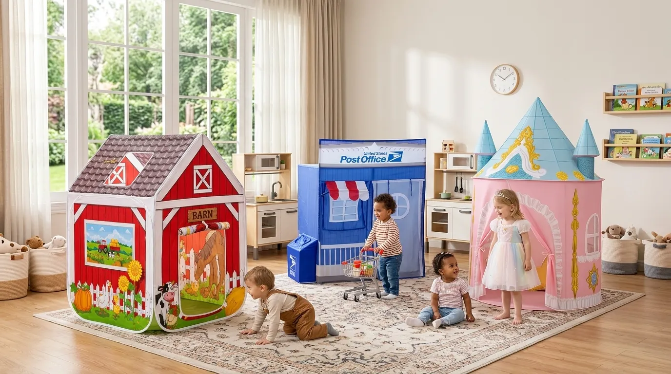 A variety of themed kids play tent set up in a professional playroom.