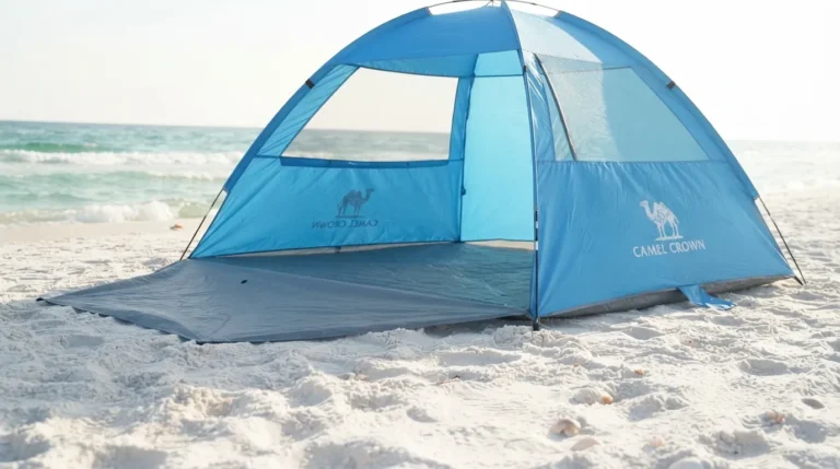 Camel Crown tent set up on white sand with both front doors open