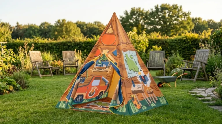 Ryssin car camping teepee tent set up outdoors with ranger station theme printed on fabric