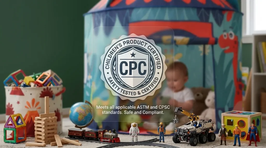 A close up of a CPC safety certification tag on a high-quality kids play tent.