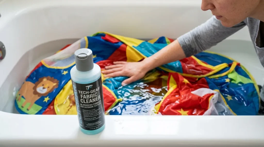 How to clean kids play tents: A technical deep clean of a kids play tent in a bathtub.