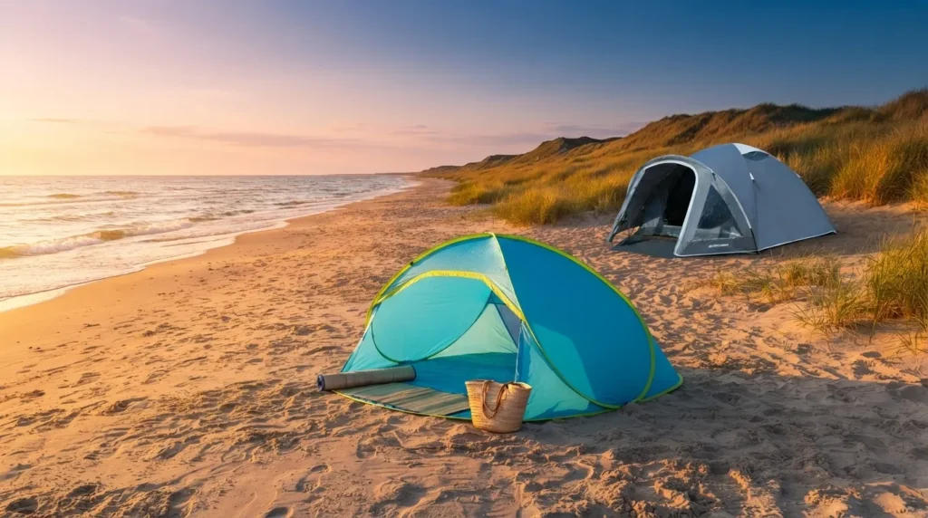 A pop-up beach shelter and a full camping tent shown together on a beach at dusk