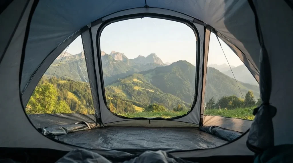 View through the clear PVC window from inside a EchoSmile tent's vestibule