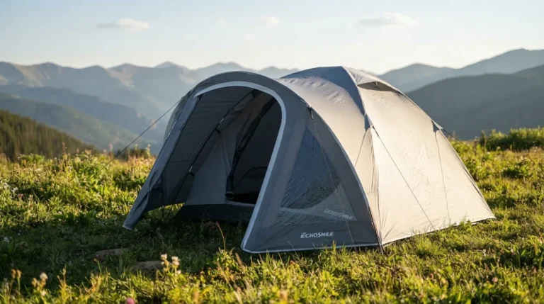EchoSmile camping tent set up on grass with its vestibule open