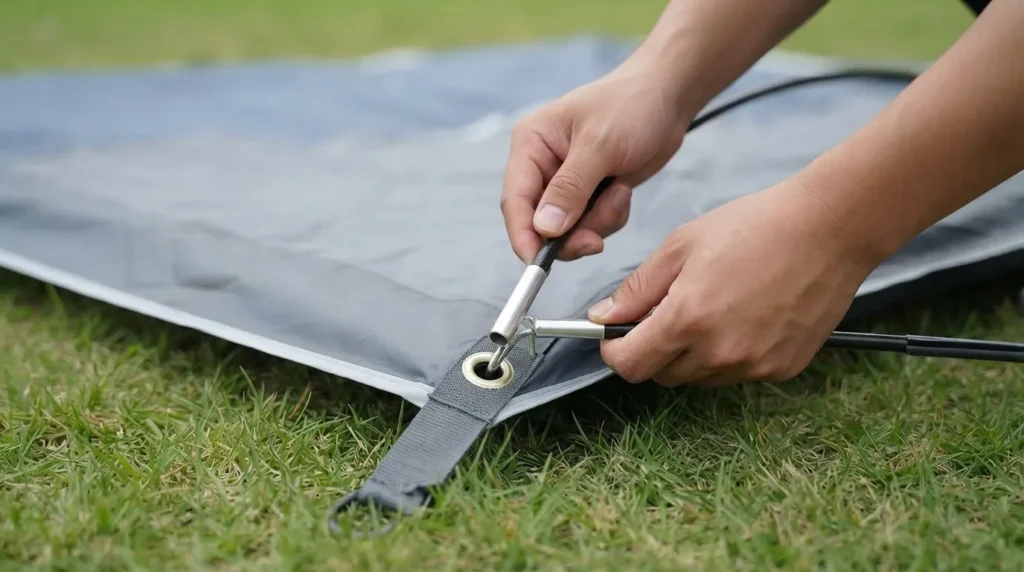 Inserting a fiberglass pole into the grommet while setting up the EchoSmile tent