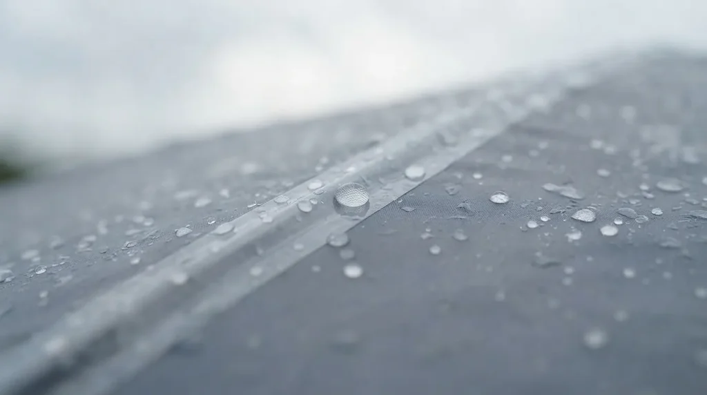 Rain beading on the taped seam of a waterproof camping tent rainfly
