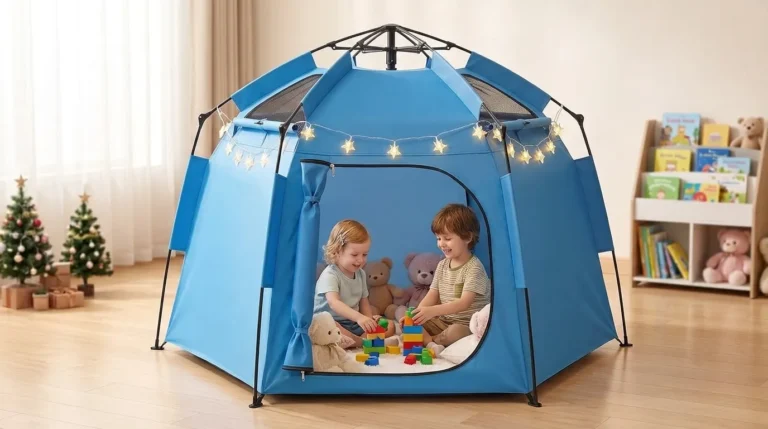 Zooawa extra large kids play tent set up indoors with LED string lights