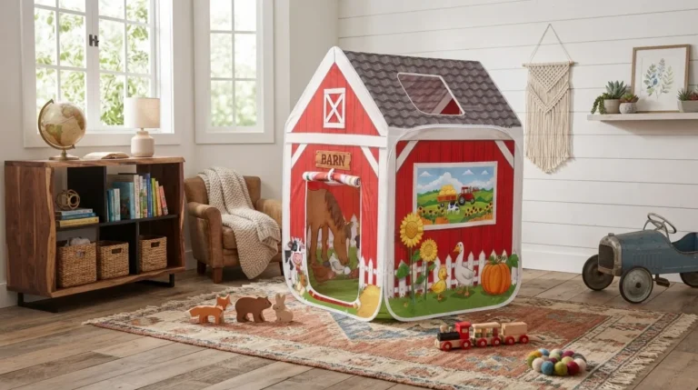Amplov red barn farm play tent set up indoors with striped awning window