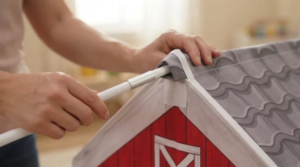 Close up of the two piece roof support rod on a red barn farm play tent