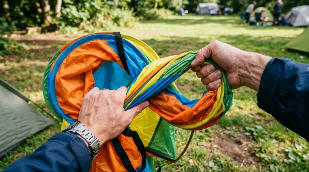 How to fold pop up play tent: A close up of the figure-eight wrist twist for folding a pop up tent.