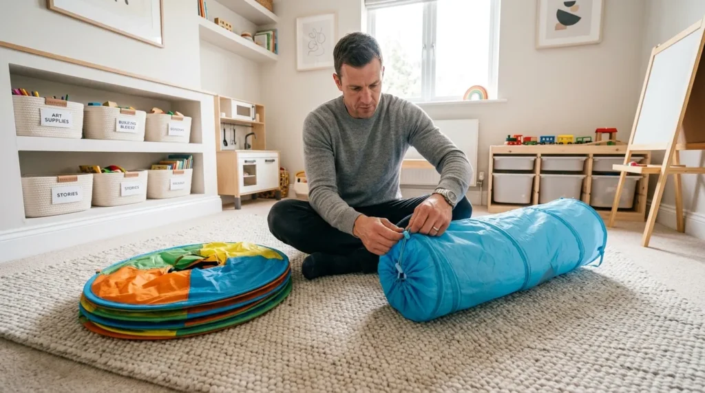 A person organizing and tying the toggles on a modular tunnel play tent set.
