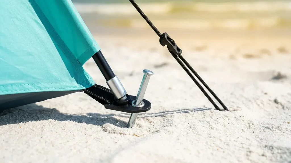 Tent peg and windproof rope anchoring a Glymnis beach tent against wind