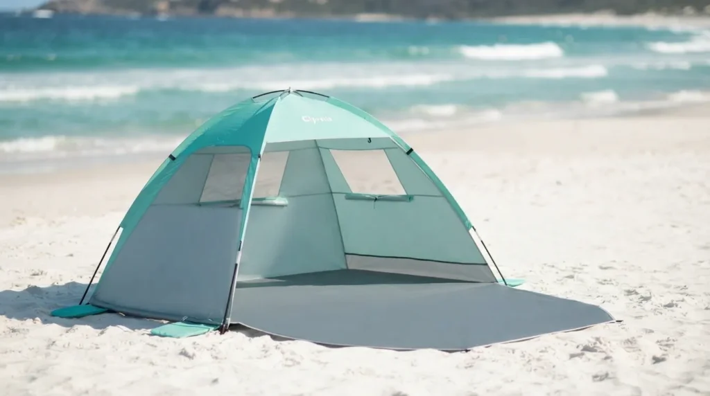 Glymnis beach tent set up on white sand with its front doors open