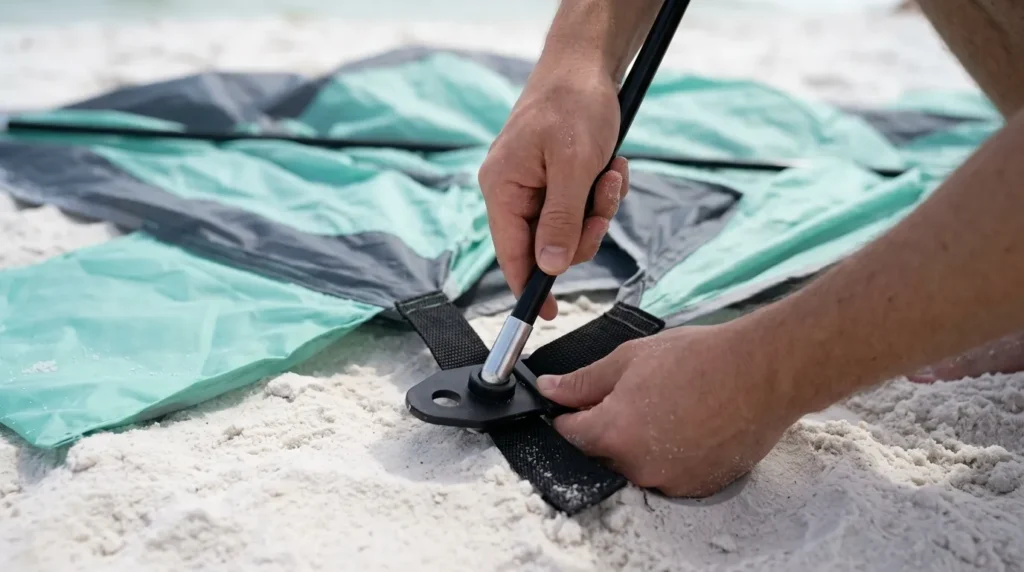 Inserting a fiberglass pole into the corner grommet while setting up a Glymnis beach tent