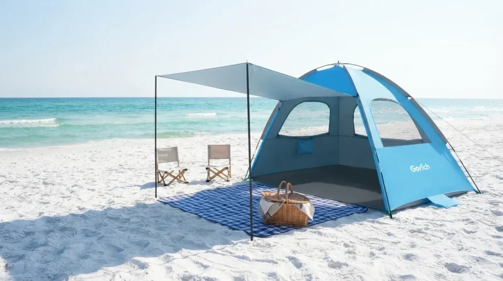 A larger sized beach tent with extended canopy covering a full picnic setup