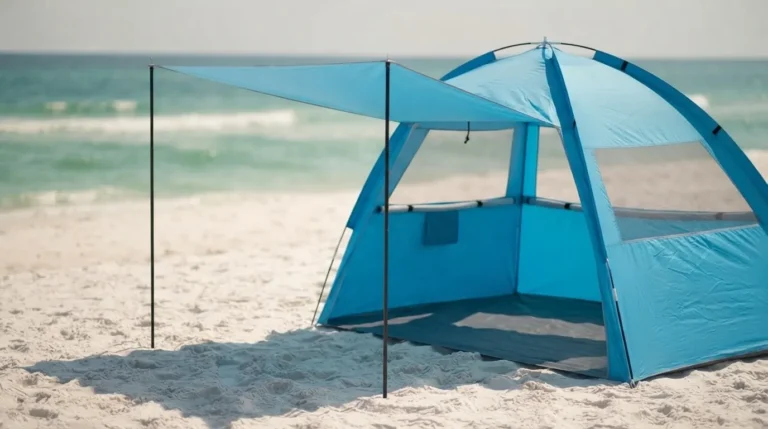 Gorich beach tent set up on white sand with canopy extended for shade