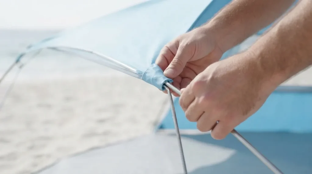 Threading a tent pole through the canopy sleeve while setting up Gorich beach tent
