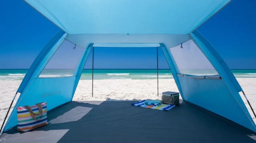 Interior view of Gorich beach tent showing the shaded area created by its extended canopy