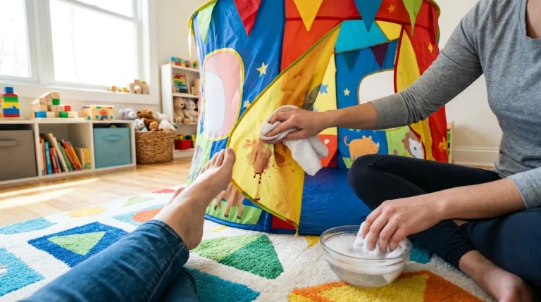 A parent hand-washing a kids play tent with a cloth and soapy water.