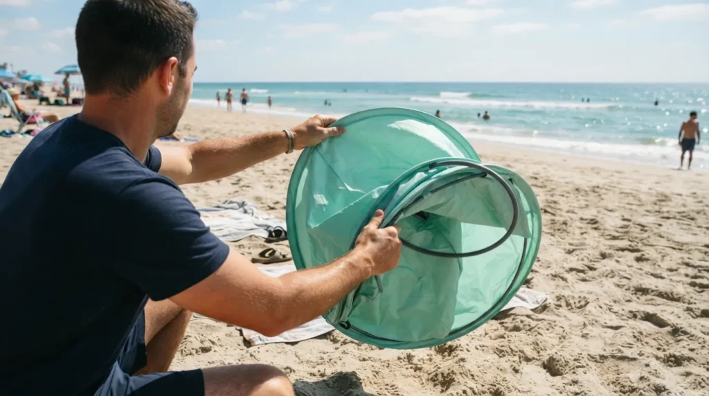 How to fold a pop up beach tent: Folding a Tobtos pop up beach tent using the twist motion