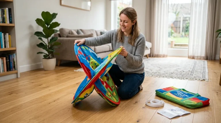 A person demonstrating the correct way to fold a pop up play tent.