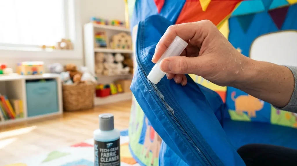 Performing zipper maintenance on a kids play tent after cleaning.