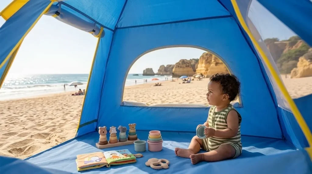 A baby looking through the low ventilation window of an NXONE pop up beach tent.