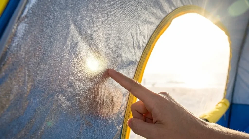A close up of the silver UV protection coating inside an NXONE pop up beach tent for baby.